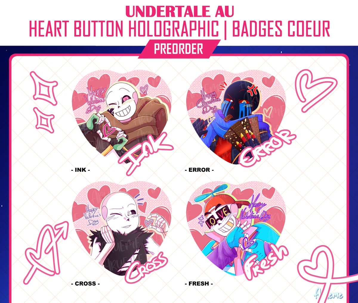 Valentine's Collection 1/4
Undertale AU single characters

All of them are available now on our Etsy shop in preorder!

📌 Preorder: etsy.com/fr/shop/Arueme…

#undertaleau #undertalefresh #errorsans #inksans #xtalecross #freshsans