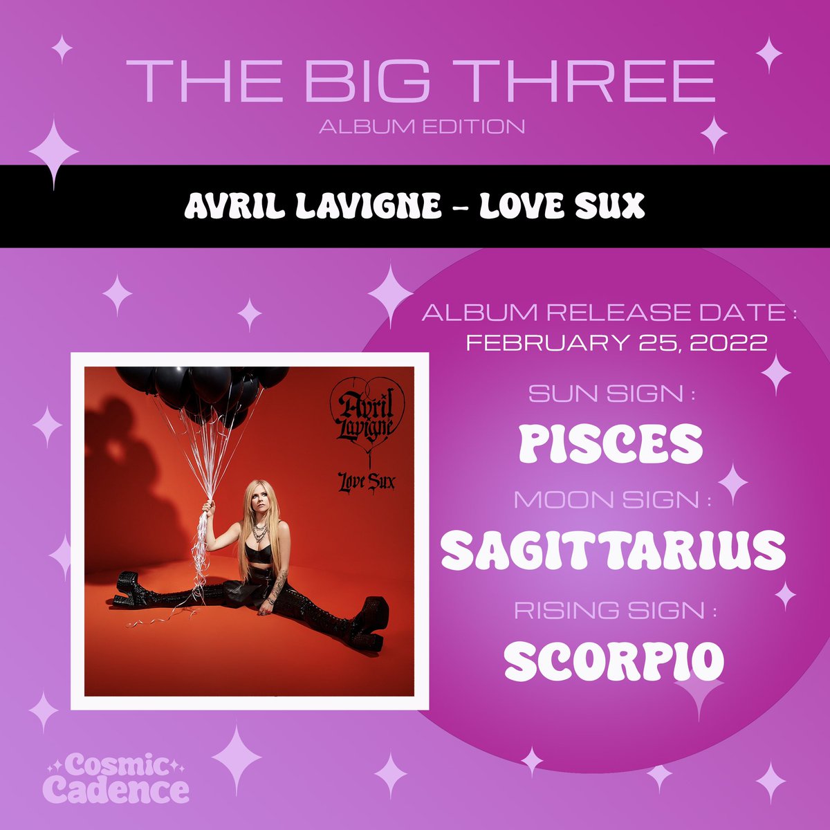 Here is the big 3 reveal for <a href="/AvrilLavigne/">Avril Lavigne</a>’s Love Sux album! An album with half and half vibes of fire &amp; water ♓️♐️♏️ 

linktr.ee/cosmiccadencep…

#avrillavigne #lovesux #zodiacsigns #pisces #sagittarius #scorpio #astrology #astrologypodcast #musicpodcast