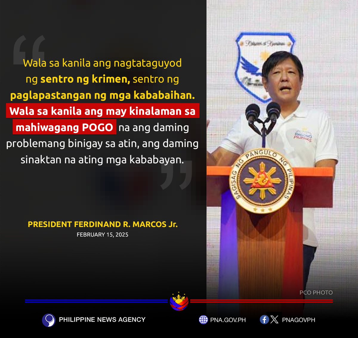 pnagovph's tweet photo. READ: President Ferdinand R. Marcos Jr. on Saturday (Feb. 15, 2025) said the senatorial candidates of the Alyansa Para sa Bagong Pilipinas have no links to crime, acts of abuse against women and #POGOs, which are a bane to society. https://t.co/XxW8msw3a8
