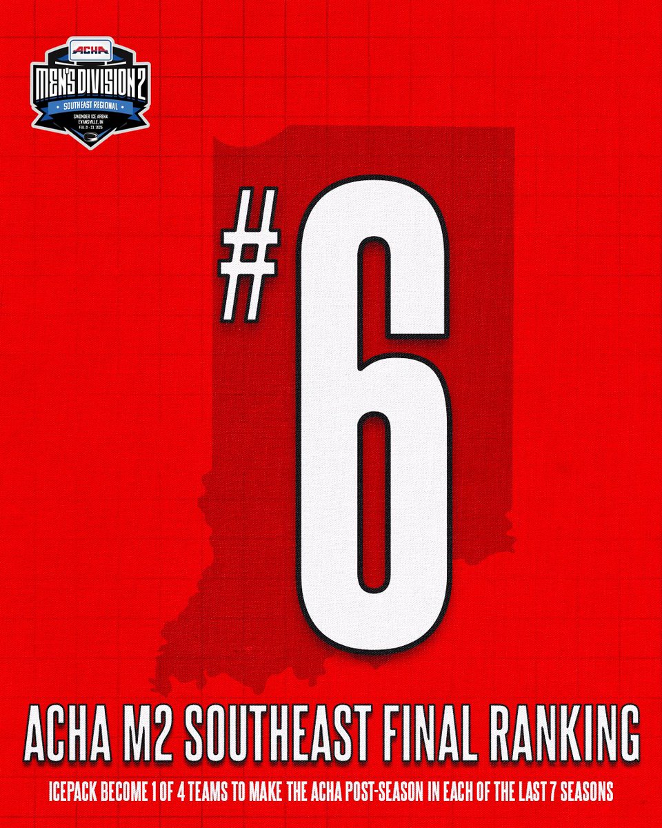 The 6 seed Icepack will make the trip up to Evansville Indiana for the Southeast Regional Playoffs!  With a 1st round bye, we are set to play the highest remaining seed after the 1st round is played on Friday. 

Puck is set to drop at 7:45PM Central (8:45 EST) on Feb. 22