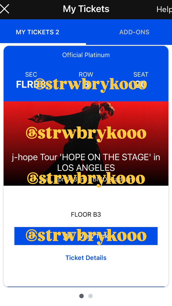 strwbrykooo's tweet photo. ☆ WTS Jhope LA BMO 4/6
☆ Two Official Platinum tickets! 
☆ Floor B3 - Row 8 
☆ Does NOT have VIP package 
☆ FV dm for more info
☆ Willing to FaceTime during transfer! 
☆ ARMYS ONLY https://t.co/rJGt23hcZF