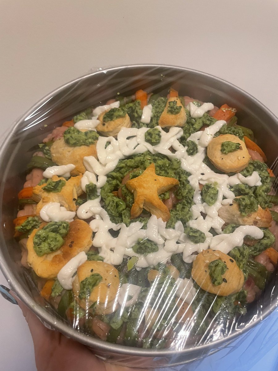 spikeeinbinder's tweet image. i made a really scary cute fuckedup savory vegan cake/smörgåstårta and then messed it up w adding too much piping ughhhh i hope everybody likes it still