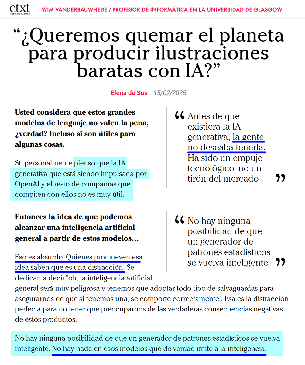 ArteEsEtica's tweet photo. "Quienes promueven la idea de que podemos alcanzar una inteligencia artificial general a partir de estos modelos saben que es una distracción. Esa es la distracción perfecta para no tener que preocuparnos de las verdaderas consecuencias negativas de estos productos" 🎯 https://t.co/4MBU3WWCj2