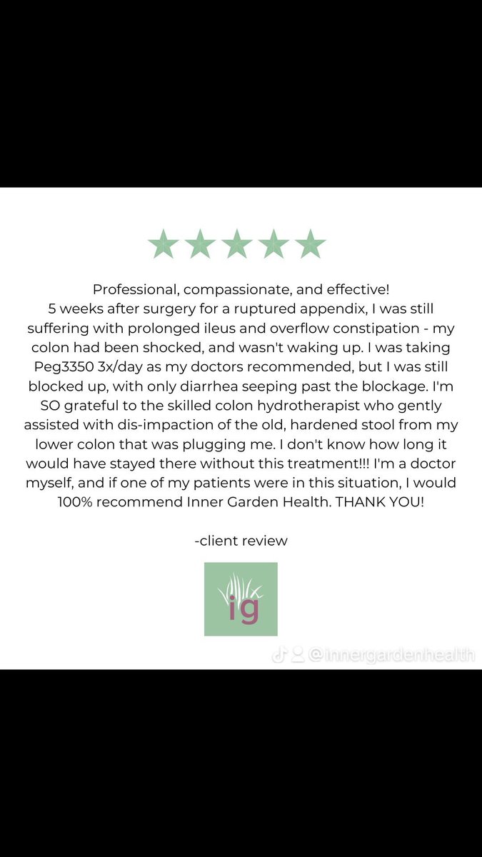 InnerGardenbc's tweet photo. "Professional, compassionate, and effective! ✨ This client’s journey to recovery after surgery was challenging, but with gentle colon hydrotherapy, relief was finally possible. We’re honored to have been part of their healing process! 💙 https://t.co/VMLyOBHrSF