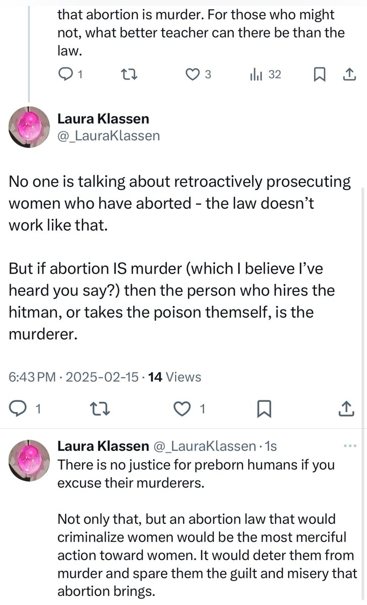 _LauraKlassen's tweet photo. Come on, Kristen. I would have thought you’d be all for polite and constructive conversation. 

Blocking everyone who challenges your ideas is pretty lame. 

Abortion is murder. You know it. Murderers must be prosecuted. 

Feel free to unblock me anytime. I never block anyone. https://t.co/1iX9309hO0