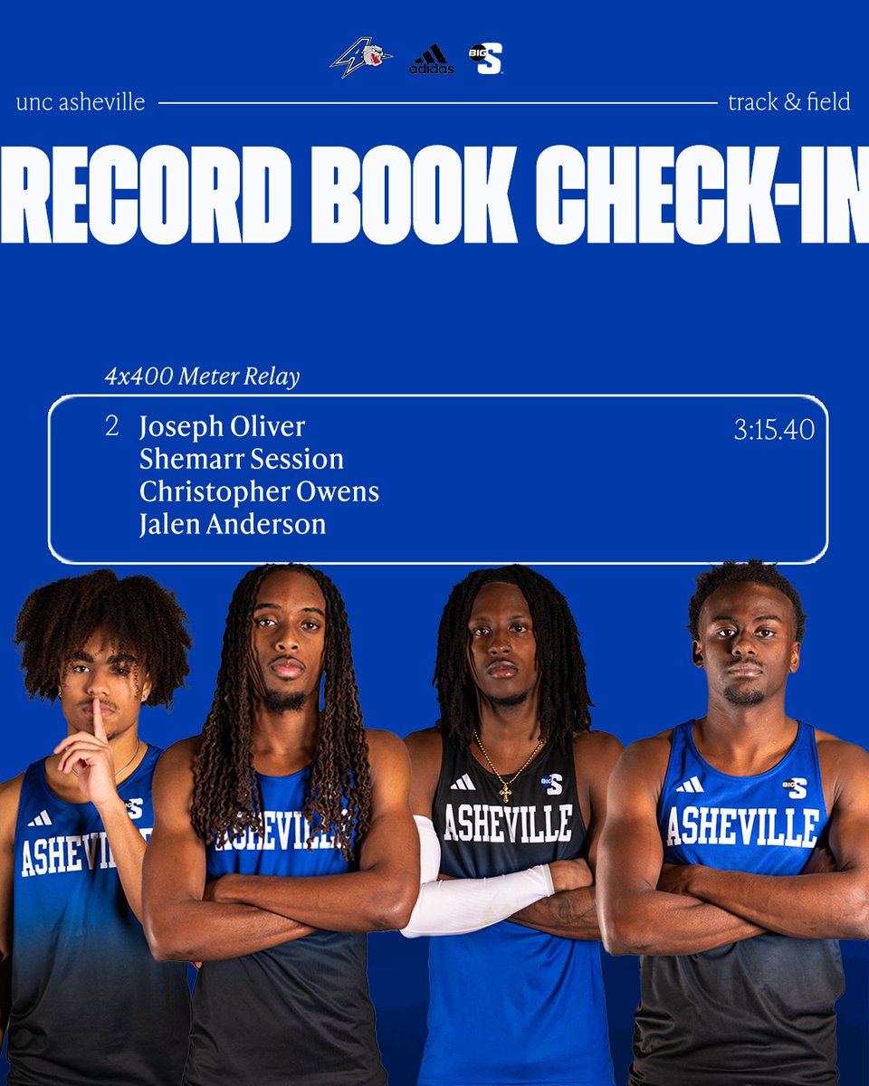 UNCAvlXCTF's tweet photo. Movin' on up! ⬆

The relay team of Joseph Oliver, Shemarr Session, Christopher Owens, and Jalen Anderson improved their 4x400 relay time by nearly three seconds to jump from No. 5 on the program leaderboard to No. 2! 

#ALLinAVL https://t.co/jEahKtpOs7