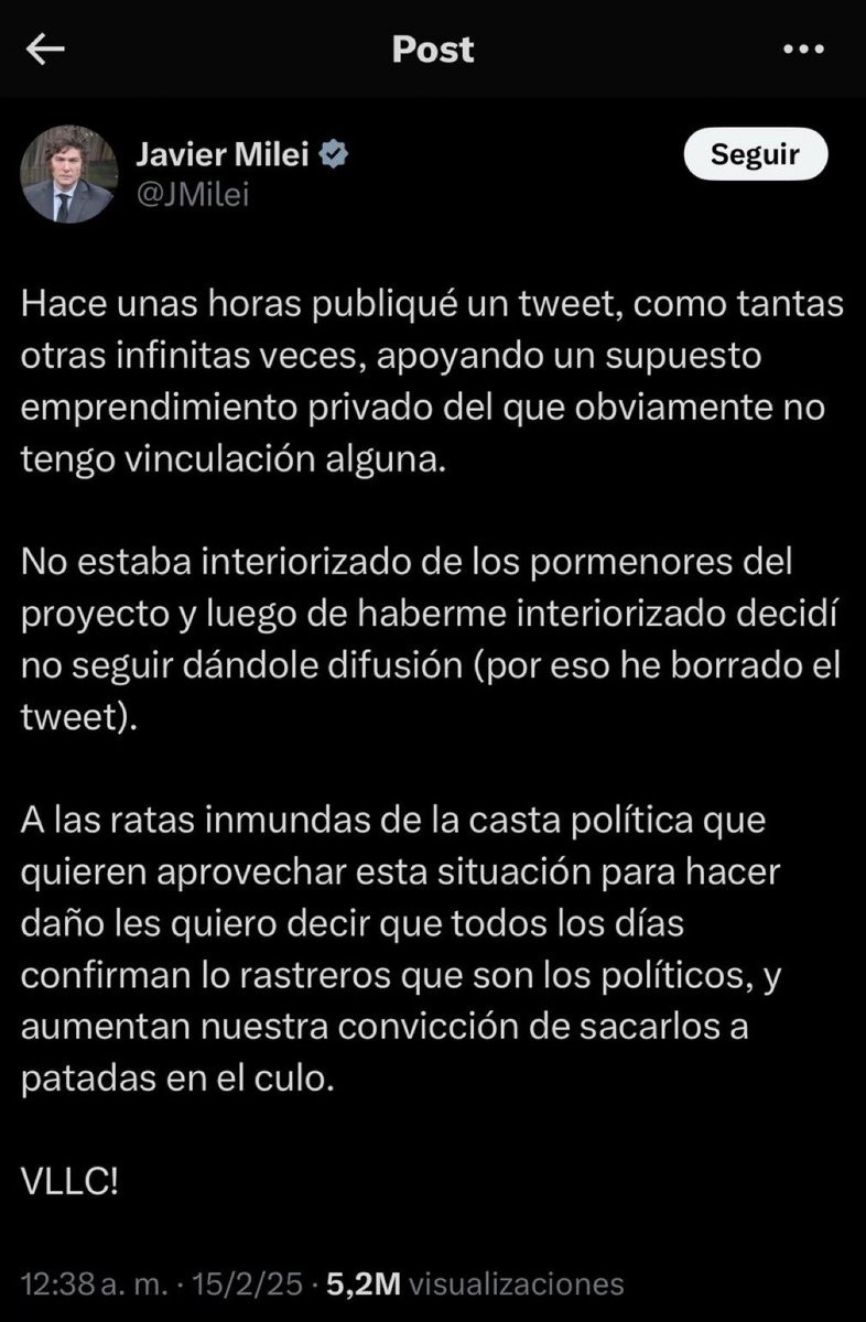 1er Acto - El presidente ultraderechista de Argentina, Javier Milei, invita a la gente a invertir en una nueva criptomoneda de sus amigos.

2do Acto - Muchos de sus seguidores le hacen caso, depositan sus ahorros de toda la vida, piden prestado y venden bienes para invertir en