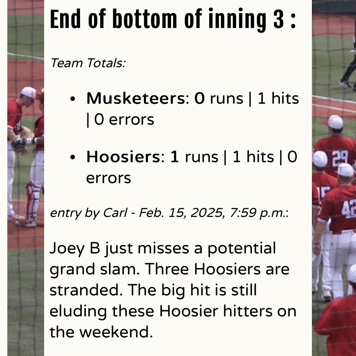 He waited a long time to take the mound for Hoosier Baseball. It’s been worth the wait so far. <a href="/Cole_Gilley14/">Cole Gilley</a> with 8 K’s and 4 shutout innings 
1-0 IU B4 

Live Game Blog courtesy of <a href="/jovian34/">Carl James</a> via iubase.com 
💻 • apps.iubase.com/live_game_blog…