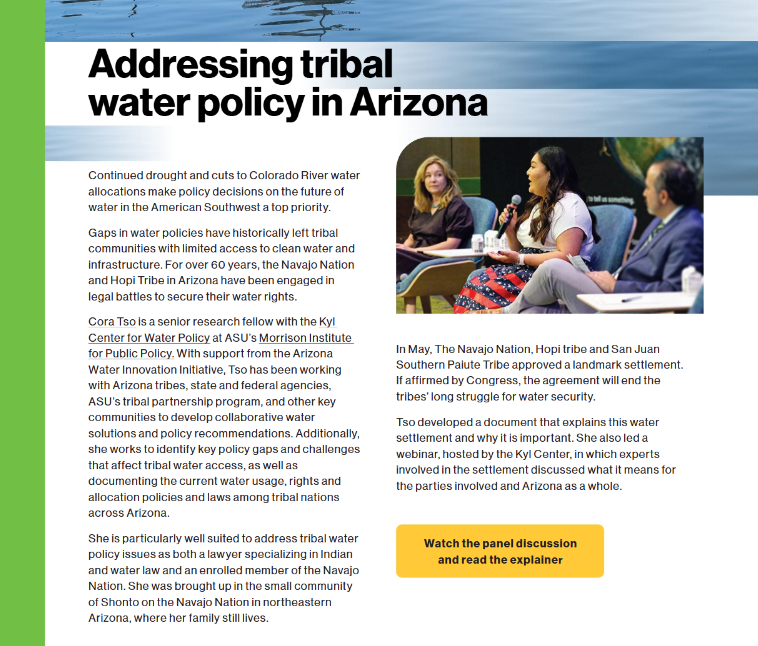 Kyl Center for Water Policy (@kylcenter) on Twitter photo Congrats to Kyl Center sr. research fellow Cora Tso for her feature in the 2024 <a href="/ASUResearch/">Arizona State University Research</a> Impact Report! Her work on tribal water policy, including the Navajo Nation settlement, is garnering attention. Learn more (p. 32): tinyurl.com/mwa324zm
#waterpolicy #tribalrights Congrats to Kyl Center sr. research fellow Cora Tso for her feature in the 2024 <a href="/ASUResearch/">Arizona State University Research</a> Impact Report! Her work on tribal water policy, including the Navajo Nation settlement, is garnering attention. Learn more (p. 32): tinyurl.com/mwa324zm
#waterpolicy #tribalrights