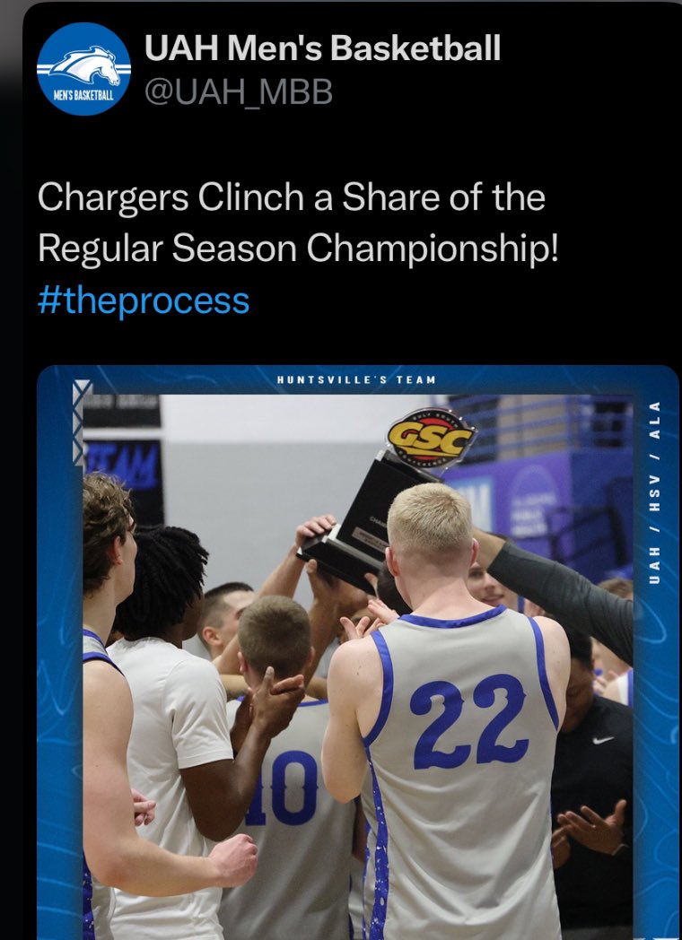 Chip Smith (@tigers950) on Twitter photo Tiger alum watch!!!
Congrats to <a href="/TreyHamilton03/">Trey Hamilton</a>, <a href="/ZachAmonett/">Zach Amonett</a> <a href="/WillAmonett/">Will Amonett</a> and <a href="/UAH_MBB/">UAH Men's Basketball</a> (24-1 and Nationally ranked #4) on clinching a share of the Regular Season Championship!!! #JobsNotFinished Tiger alum watch!!!
Congrats to <a href="/TreyHamilton03/">Trey Hamilton</a>, <a href="/ZachAmonett/">Zach Amonett</a> <a href="/WillAmonett/">Will Amonett</a> and <a href="/UAH_MBB/">UAH Men's Basketball</a> (24-1 and Nationally ranked #4) on clinching a share of the Regular Season Championship!!! #JobsNotFinished
