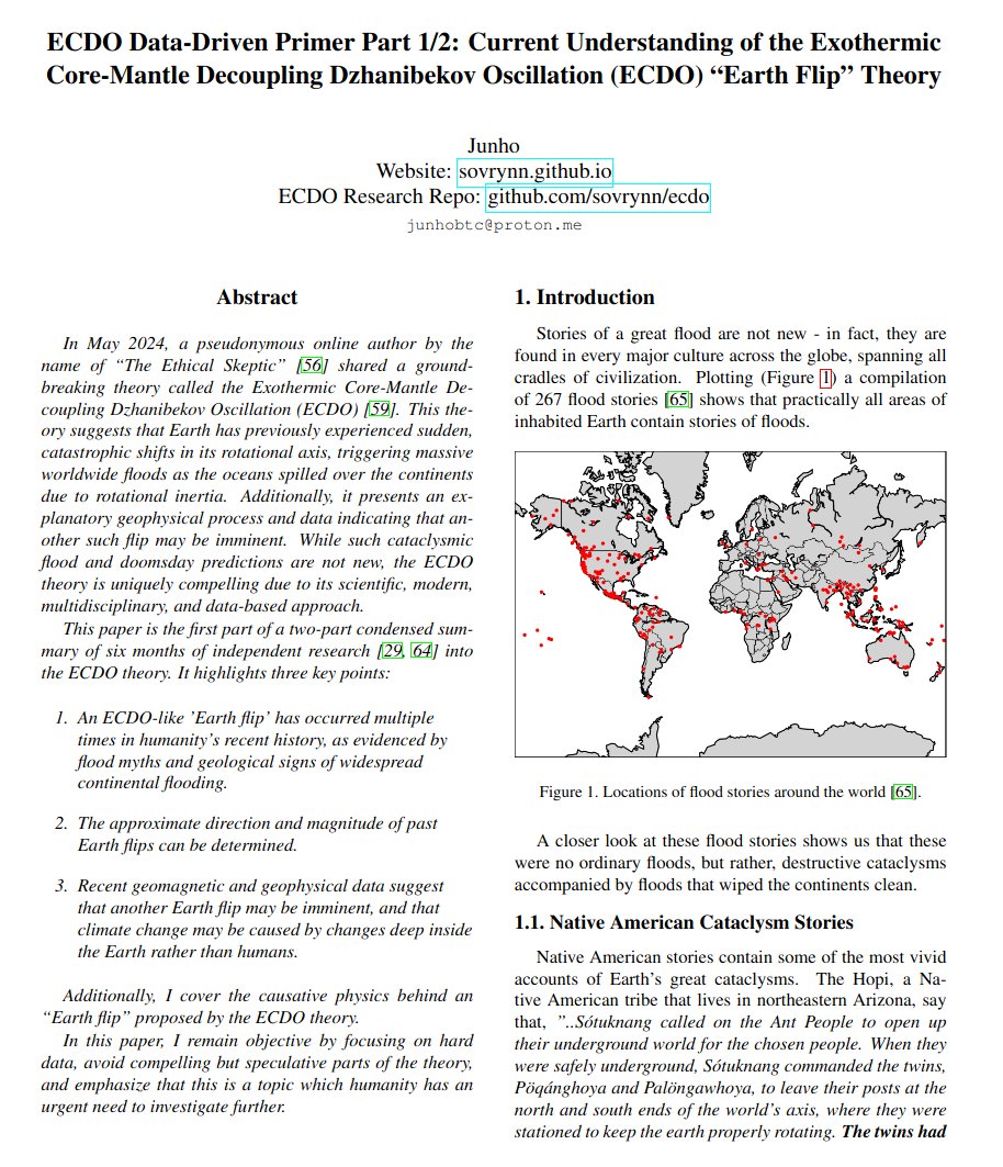 junhoBTC's tweet image. 🚩 I have written two ECDO research papers summarizing 6 months of independent research into Earth's flips and uploaded them to my website: sovrynn.github.io
The first paper covers the evidence, cause, and future timing of ECDO events and is a holistic ECDO summary.