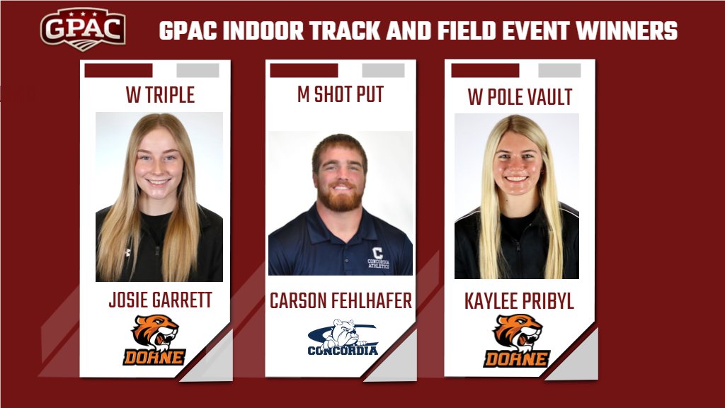 More Field Event Champions from Saturday at GPAC Indoor!

W Triple - <a href="/DoaneAthletics/">Doane Tigers 🐯</a> 
M Shot Put - <a href="/cunebulldogs/">Concordia Bulldogs</a> 
W Pole Vault - <a href="/DoaneAthletics/">Doane Tigers 🐯</a>