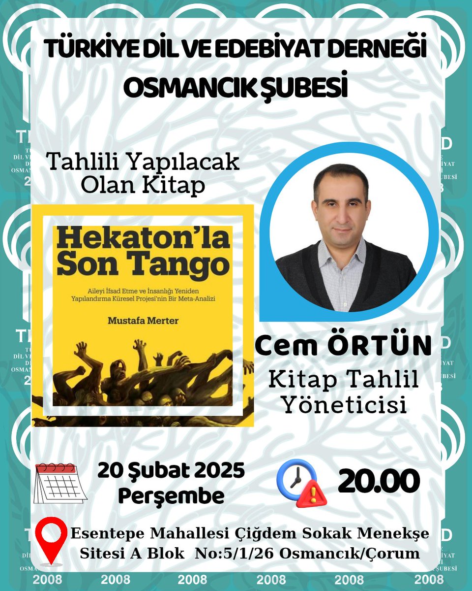 Türkiye Dil ve Edebiyat Derneği Osmancık Şubesi bir hayat okuludur. 

Sana iyi gelecek bir şey öğrenmek, bir yanlışımızı telafi etmek, bir eksiğimizi tamamlamak, bir hayra anahtar veya bir şerre kilit olmak için yeni şeylerin konuşalacağı programa katılımınızdan mutluluk duyarız.