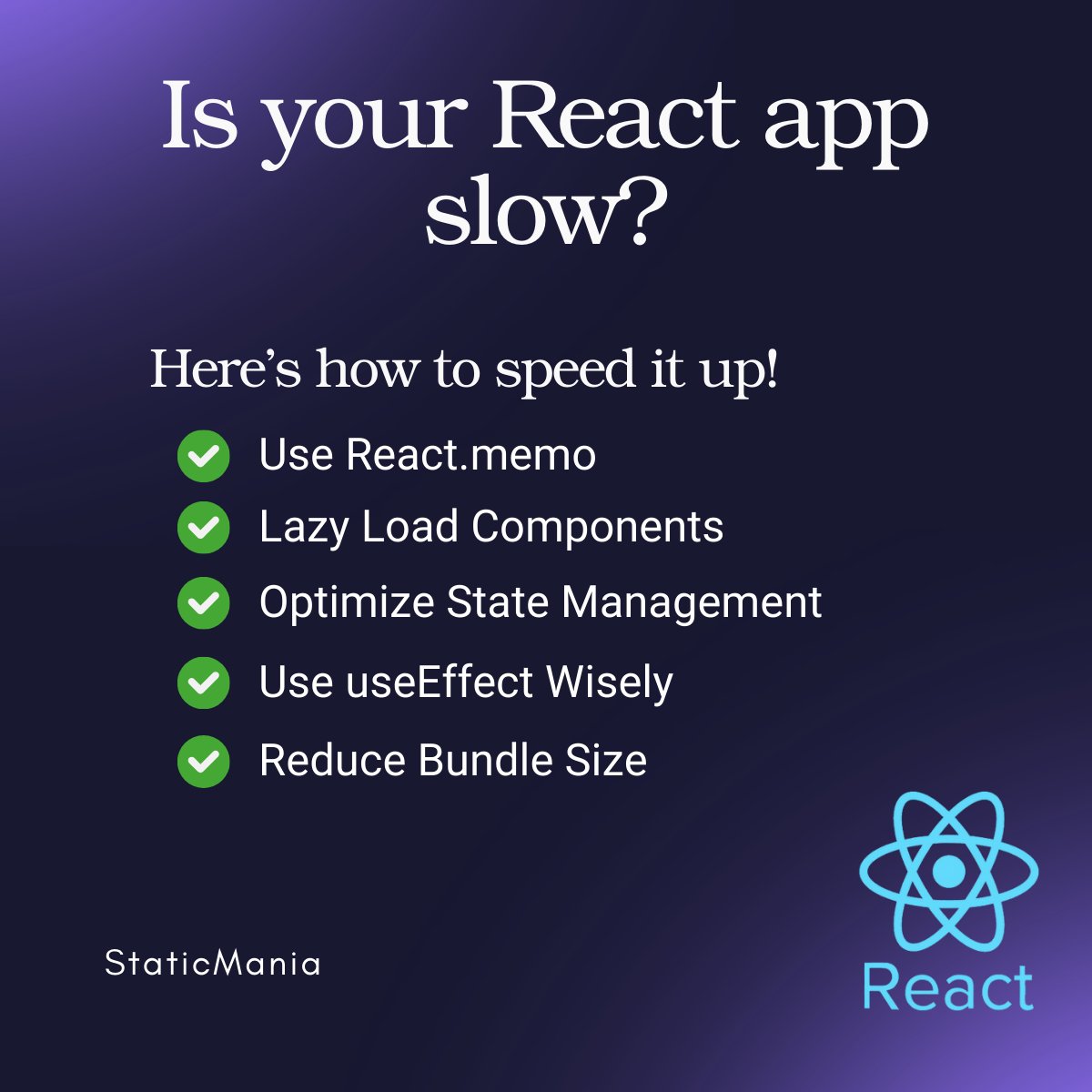 heystaticmania's tweet image. ⚡ React Performance Optimization Tips:
✅ Use React.memo
✅ Lazy Load Components
✅ Optimize State Management
✅ Use useEffect Wisely
✅ Reduce Bundle Size
#ReactPerformance #WebOptimization #FrontendDevelopment #ReactJS