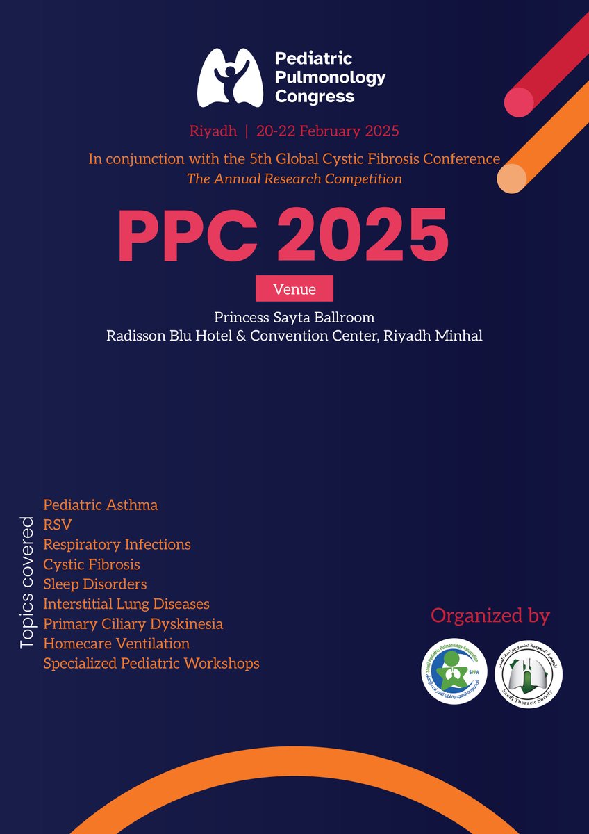 SPPALIVE's tweet photo. 📢 Coming up
Pediatric Pulmonology Congress  #PPC2025 
20-22 Feb,  in Radisson Blu Hotel &amp; Convention Center, Riyadh Minhal
🫁Pediatric Asthma Workshop
🩺Cystic Fibrosis Workshop
🏠Homecare Workshop
🛌Sleep Medicine Workshop
📝 Poster Competition
https://t.co/UvdfXf8OkO https://t.co/RUo9s5WpHv