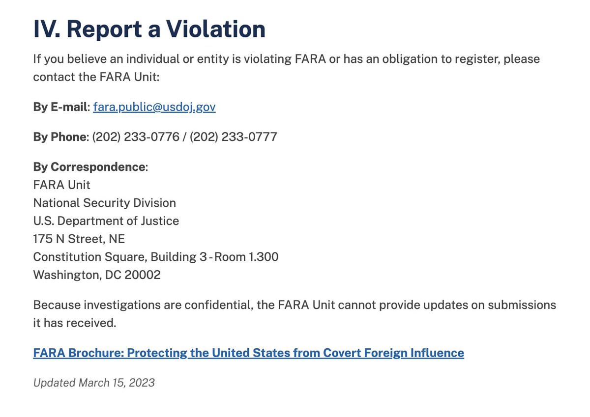 FARA = Foreign Agents Registration Act.
justice.gov/nsd-fara