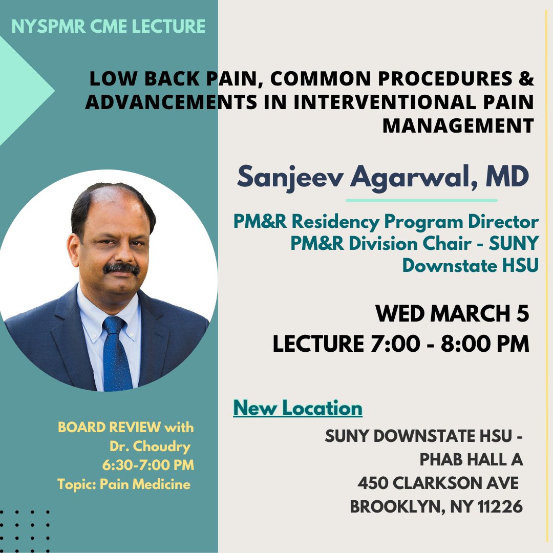 NYSPMR (@nyspmr) on Twitter photo join us on Wed March 5 for our CME lecture with guest speaker Dr. Sanjeev Agarwal PMR Program Director <a href="/sunydownstate/">SUNY Downstate</a> Please note location change for March Lecture - Event will be held in Brooklyn in the SUNY downstate HSU campus. link in profile nyspmr.org #pmr join us on Wed March 5 for our CME lecture with guest speaker Dr. Sanjeev Agarwal PMR Program Director <a href="/sunydownstate/">SUNY Downstate</a> Please note location change for March Lecture - Event will be held in Brooklyn in the SUNY downstate HSU campus. link in profile nyspmr.org #pmr