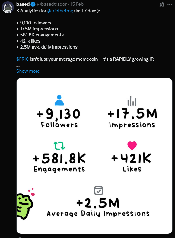 frz_crypto's tweet image. i honestly think $fric is the best thing you can buy right now
when memes (inevitably) bounce, people will seek for the memes with the highest potential of upside and that meme is simply $fric
20M+ views on the @fricthefrog X in the last WEEK
100M+ views on @GIPHY GIF's in the…