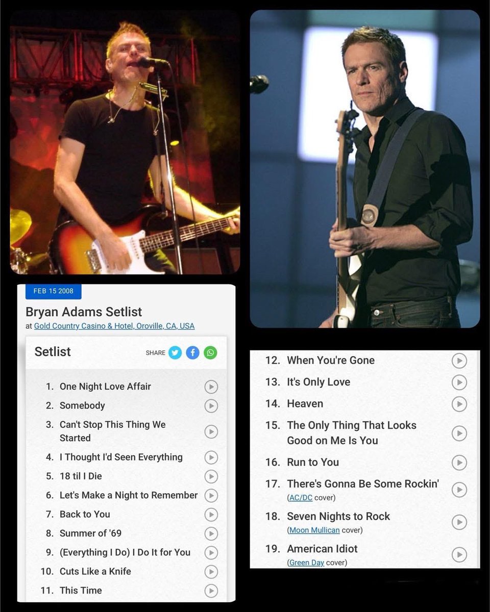 For today’s “This Day In Concert History” I listened to <a href="/bryanadams/">Bryan Adams</a> in Oroville, Ca. Feb 15, 2008….17 years ago. This recording is worthy of a live album release &amp; was a great setlist / show.
FYI…American Idiot was from the soundcheck not the concert.

Have you seen BA live?
