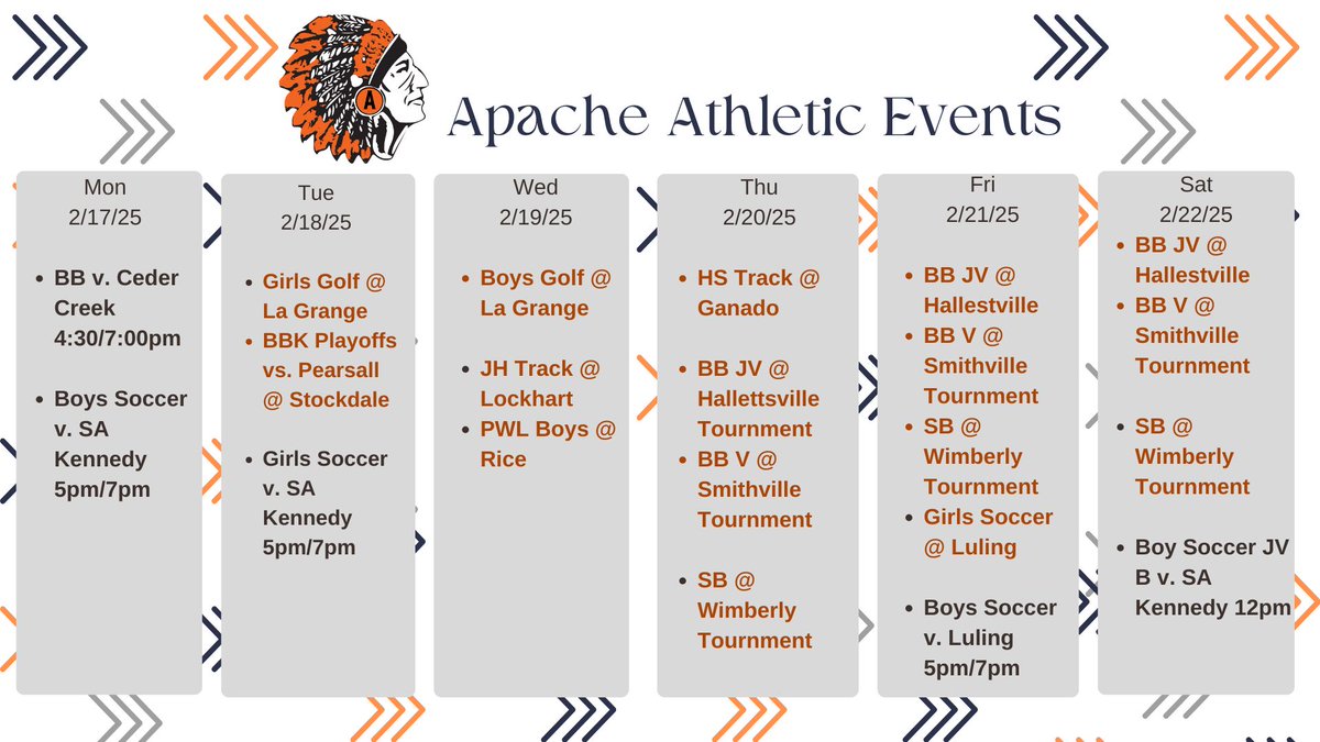 ApachesGHS's tweet image. Check out the athletic events taking place from 2/17-2/22/25
@gonzales_isd @BoosterApache @Apaches_GHS