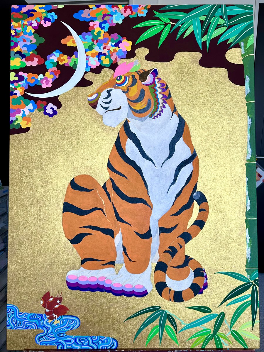 明日が〆切のアートフェア東京の虎の絵。 雲と虎の体をもう1回重ね