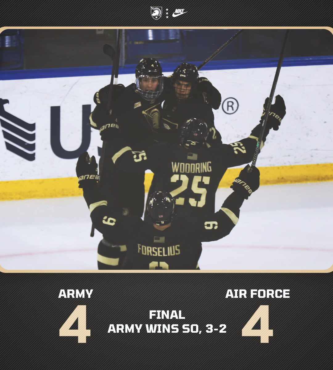 Singing second for the second time this season! 🪖

We battle from three down in the third to force overtime and win it in the shootout, taking 10 of 12 points on the season from the Falcons.

#GoArmy #BeatAirForce