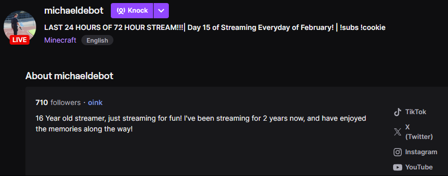 WE HIT 700 FOLLOWERS ON THE 72 HOUR STREAM!!! JOIN UP NOW TO WATCH THE LAST 24 HOURS!!!
twitch.tv/michaeldebot