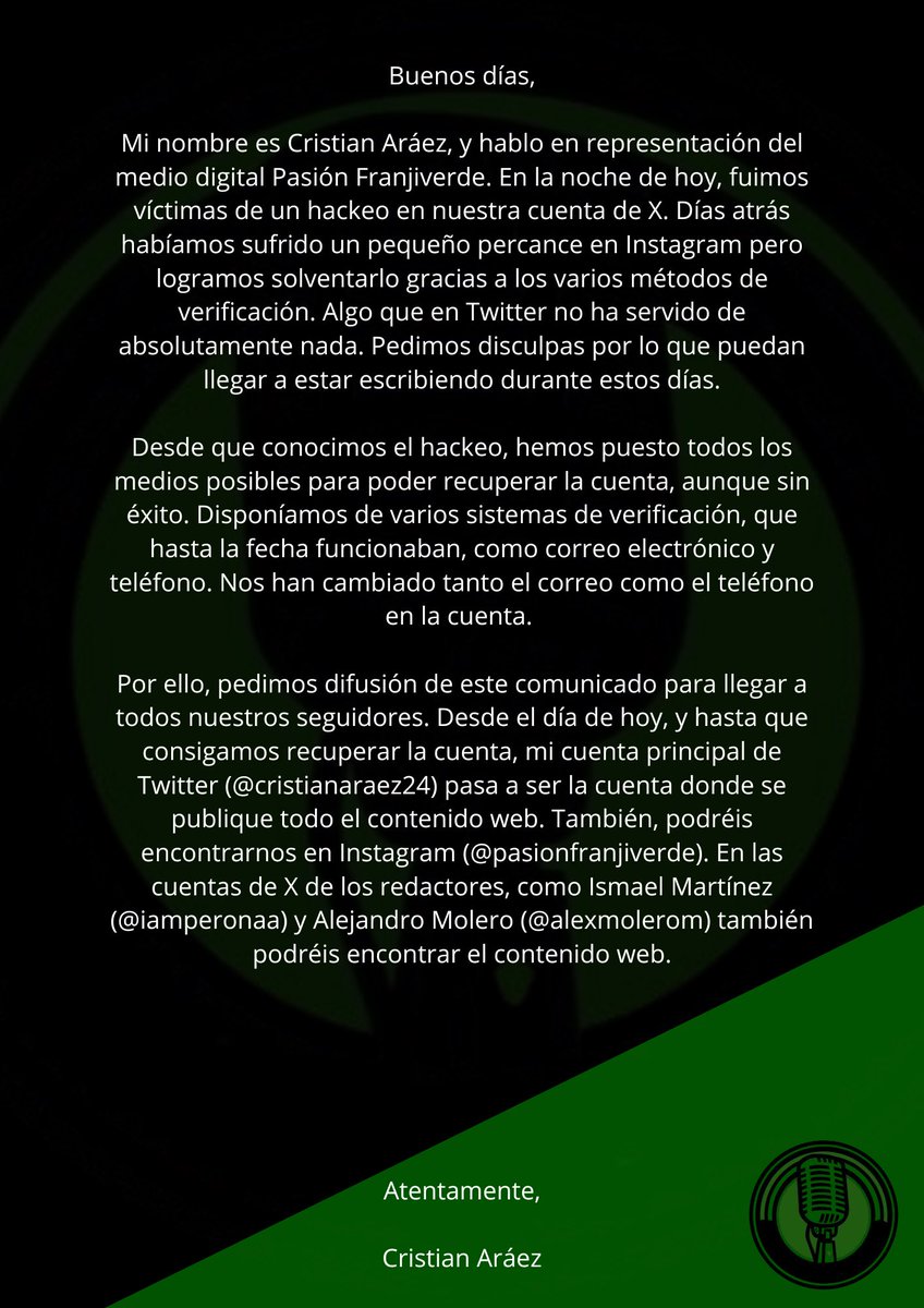 Buenas noches.

Comunicado oficial de Pasión Franjiverde.

Importante lectura.