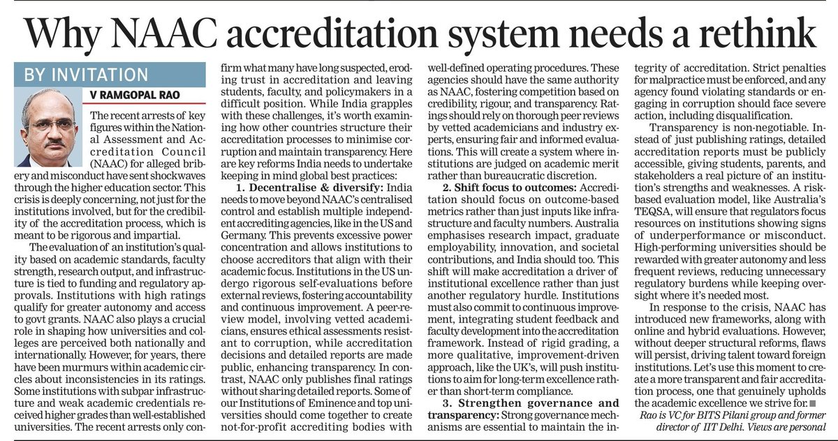 V. Ramgopal Rao, Ph.D. (@ramgopal_rao) on Twitter photo My op-ed in today's Times of India (Feb 16, 2025) print edition. "Why NAAC accreditation system needs a rethink".
<a href="/narendramodi/">Narendra Modi</a> <a href="/dpradhanbjp/">Dharmendra Pradhan</a> <a href="/EduMinOfIndia/">Ministry of Education</a> <a href="/ugc_india/">UGC INDIA</a> <a href="/NAAC_India/">NAAC</a> <a href="/AICTE_INDIA/">AICTE</a> <a href="/timesofindia/">The Times Of India</a> #NAAC My op-ed in today's Times of India (Feb 16, 2025) print edition. "Why NAAC accreditation system needs a rethink".
<a href="/narendramodi/">Narendra Modi</a> <a href="/dpradhanbjp/">Dharmendra Pradhan</a> <a href="/EduMinOfIndia/">Ministry of Education</a> <a href="/ugc_india/">UGC INDIA</a> <a href="/NAAC_India/">NAAC</a> <a href="/AICTE_INDIA/">AICTE</a> <a href="/timesofindia/">The Times Of India</a> #NAAC