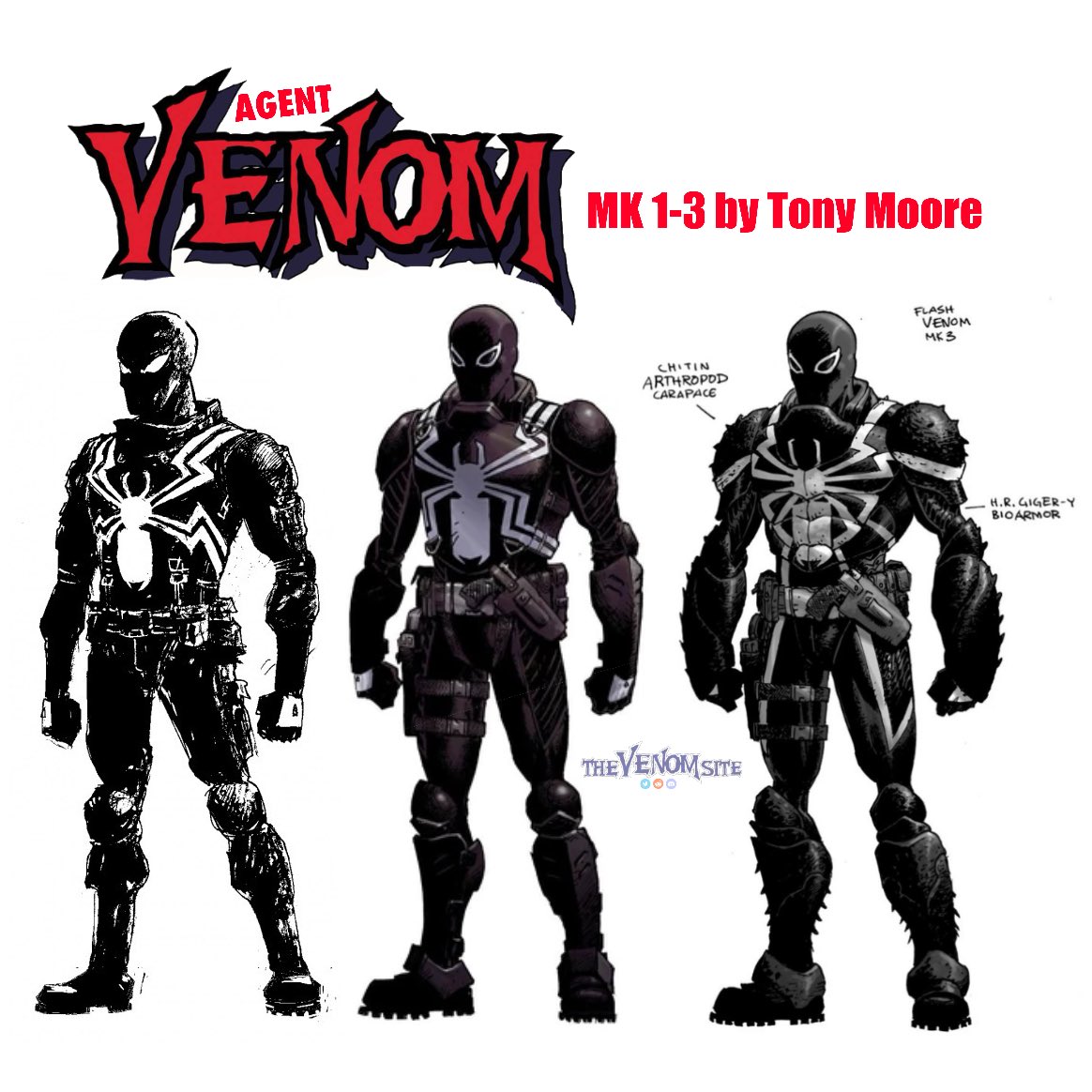 thevenomsite's tweet photo. Agent Venom designs MK 1, 2, and 3 by Tony Moore. https://t.co/GUKXHmxWxe