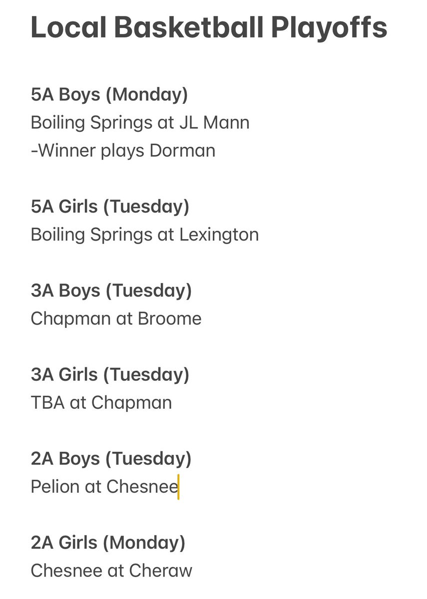 James McBee (@bspringsjames) on Twitter photo With the local basketball playoffs starting Monday, here’s a list of our local teams and their first round games
<a href="/BSSportsJournal/">Boiling Springs Sports Journal</a> <a href="/AthleticsBSHS/">BSHS Athletics</a> <a href="/bulldoghoops1/">Boiling Springs Boys Basketball</a> <a href="/BSHSladyhoops/">Boiling Springs Girls Basketball</a> <a href="/ChesneeHoops/">Chesnee Basketball</a> <a href="/CPanthersladybb/">Chapman Lady Panthers Basketball</a> <a href="/pantherhoops3/">Chapman Basketball</a> <a href="/ChesneeGirlsBB/">Chesnee Girls Basketball</a> <a href="/ChesneeUpdates/">Chesnee Sports</a> <a href="/CHS_AthlDept/">Chapman Athletics</a> With the local basketball playoffs starting Monday, here’s a list of our local teams and their first round games
<a href="/BSSportsJournal/">Boiling Springs Sports Journal</a> <a href="/AthleticsBSHS/">BSHS Athletics</a> <a href="/bulldoghoops1/">Boiling Springs Boys Basketball</a> <a href="/BSHSladyhoops/">Boiling Springs Girls Basketball</a> <a href="/ChesneeHoops/">Chesnee Basketball</a> <a href="/CPanthersladybb/">Chapman Lady Panthers Basketball</a> <a href="/pantherhoops3/">Chapman Basketball</a> <a href="/ChesneeGirlsBB/">Chesnee Girls Basketball</a> <a href="/ChesneeUpdates/">Chesnee Sports</a> <a href="/CHS_AthlDept/">Chapman Athletics</a>