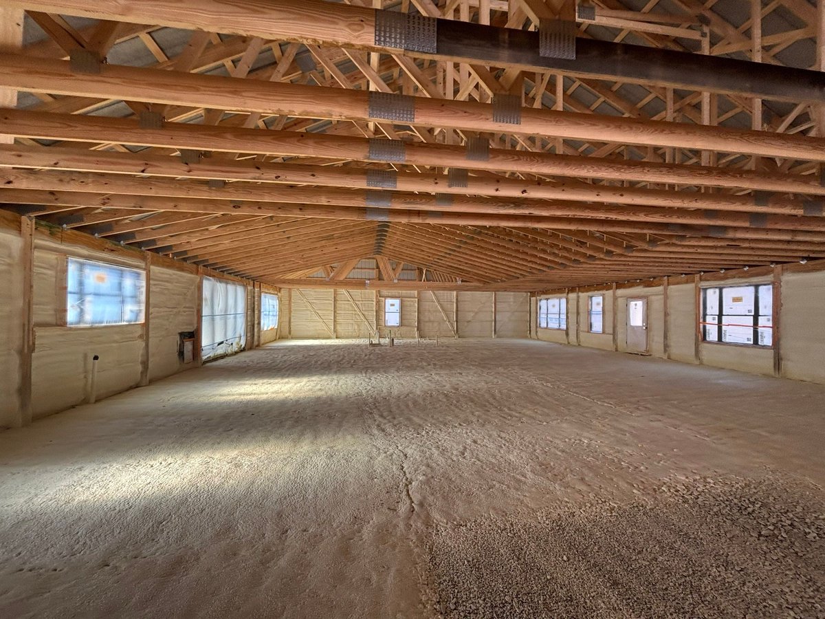 ClimashieldR's tweet photo. How about some closed cell spray foam for a large barndo? 

Why use spray foam under the concrete slab?  

= Highest R value per inch

= Vapor Barrier prevents water vapor migration through the concrete &amp; radon gas from getting into the house https://t.co/CjiOy9zHoY