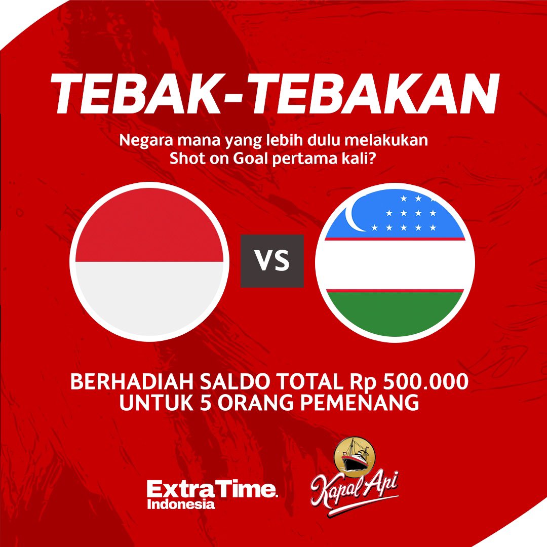 idextratime's tweet photo. Tebak-tebakan Indonesia U20 vs Uzbekistan U20!

Negara mana yang lebih dulu melakukan Shot on Goal? 😹

Berhadiah Saldo total Rp 500.000 untuk 5 orang!

Contoh:
Indonesia 🇮🇩 @/teman 1 @/teman2 @/teman3 #SecangkirSemangat

Syarat:
- Like dan RT postingan ini
- ⁠mention 3 temen kamu
- Wajib follow twitter @idextratime & @kapalapi_id
- Max jawab 1 kali
- Ditutup saat kick off

Semoga beruntung! 
#SecangkirSemangat dukung tim Garuda bareng @kapalapi_id!