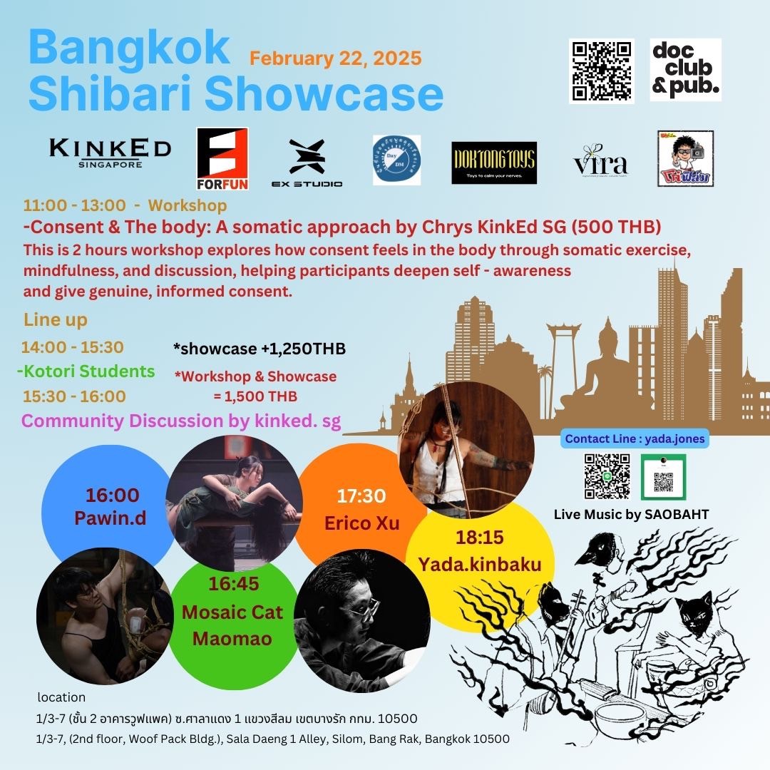 Shibari Showcase 2025 | 22-Feb-25 |เวทีพร้อมแล้ว! 🎭

การแสดง Shibari Showcase กลับมาอีกครั้ง ภายใต้ธีม ”Accessibility: Seven Wonders“ 
instagram.com/p/DF7umX3yOB9/…
<a href="/yingyada/">yada.kinbaku/kinked Singapore May 28-June2</a> <a href="/forfunbangkok/">FORFUN</a> <a href="/DocClubAndPub/">Doc Club & Pub.</a>
