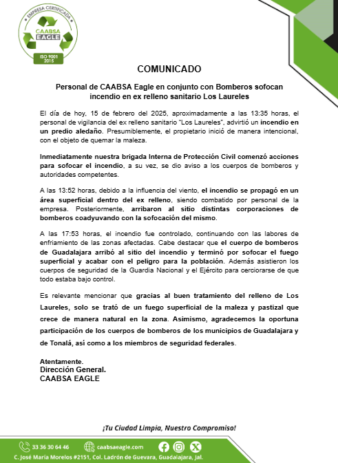 🚨 Incendio controlado en el ex relleno sanitario Los Laureles 🚨
📢 Actuamos de inmediato y gracias a CAABSA Eagle y Bomberos, el fuego fue controlado sin riesgo para la población.
🔥Solo se vio afectada maleza superficial.
🙏 Agradecemos a los cuerpos de emergencia por su apoyo