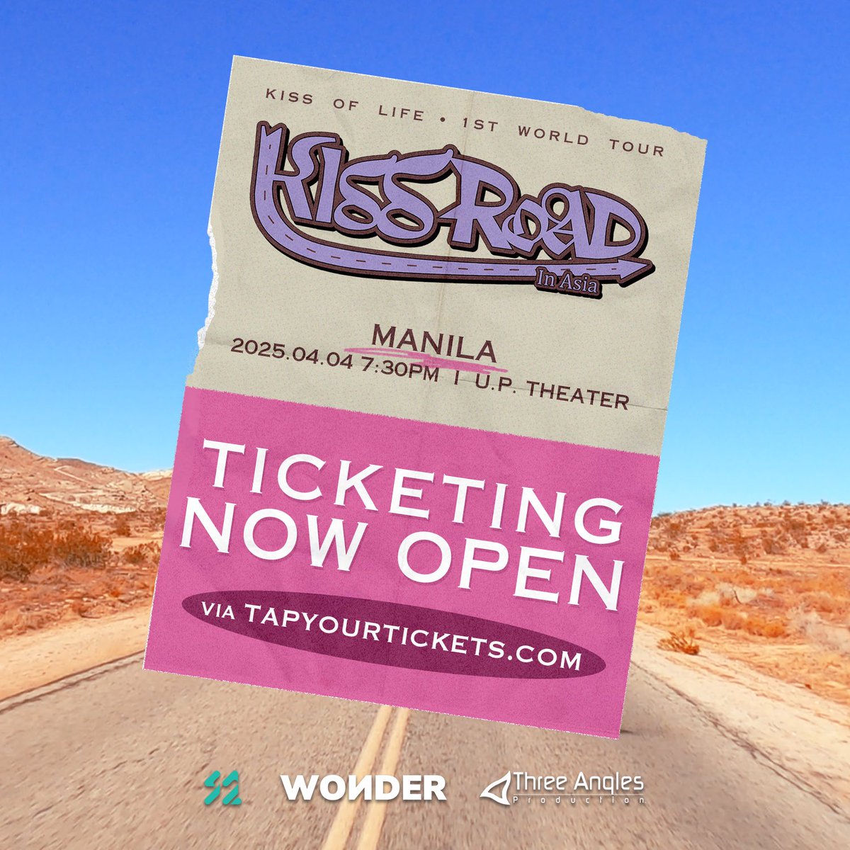 Threeanglespro's tweet photo. Tickets for the 2025 KISS OF LIFE 1ST WORLD TOUR [KISS ROAD] in MANILA are now available! 

🎫 Secure your tickets now: https://t.co/asuChHb405

🗓️: 2025.04.04 | 7:30 PM
📍: U.P. Theater

#KISSOFLIFE
#키스오브라이프
#KIOF #키오프
#KISSROAD
#KISSROADinMANILA 
#KISSROADinASIA2025
#wondercoltd #threeanglesproduction