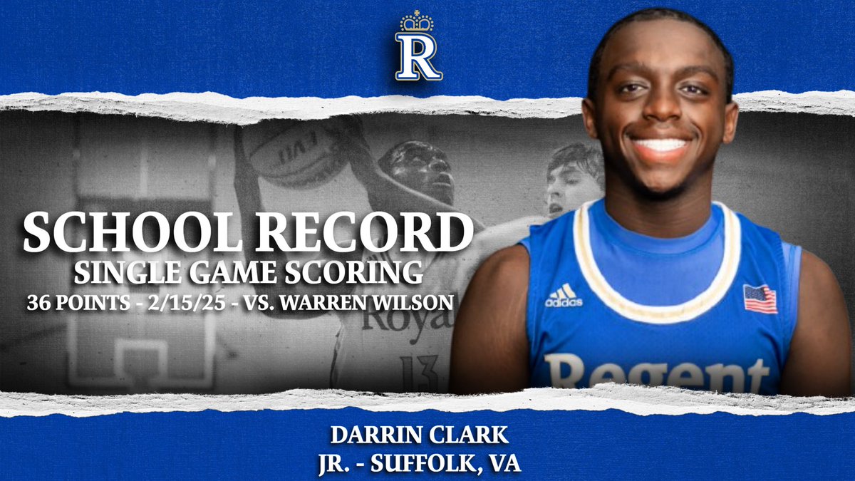 Regent University Athletics (@regent_royals) on Twitter photo SCHOOL RECORD. Darrin Clark set the School’s Single Game Scoring Record in the win over Warren Wilson with 36 points. <a href="/RegentMensBkb/">Regent Mens Basketball</a> #RoyalsRise SCHOOL RECORD. Darrin Clark set the School’s Single Game Scoring Record in the win over Warren Wilson with 36 points. <a href="/RegentMensBkb/">Regent Mens Basketball</a> #RoyalsRise