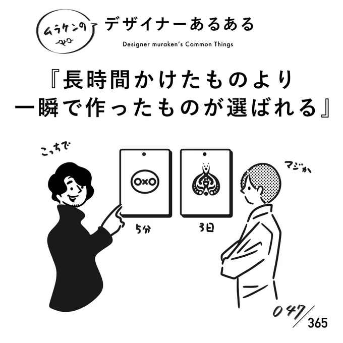 【047.長時間かけたものより一瞬で作ったものが選ばれる】
#デザイナーあるある

品質の差に時間は比例しない。時間をかけて作り込まれていたとしても、ガラガラポンで同時に出した時、片手間で作ったものが選ばれることは少なく無い。
#デザイナーあるある毎日カレンダー #デザイン 