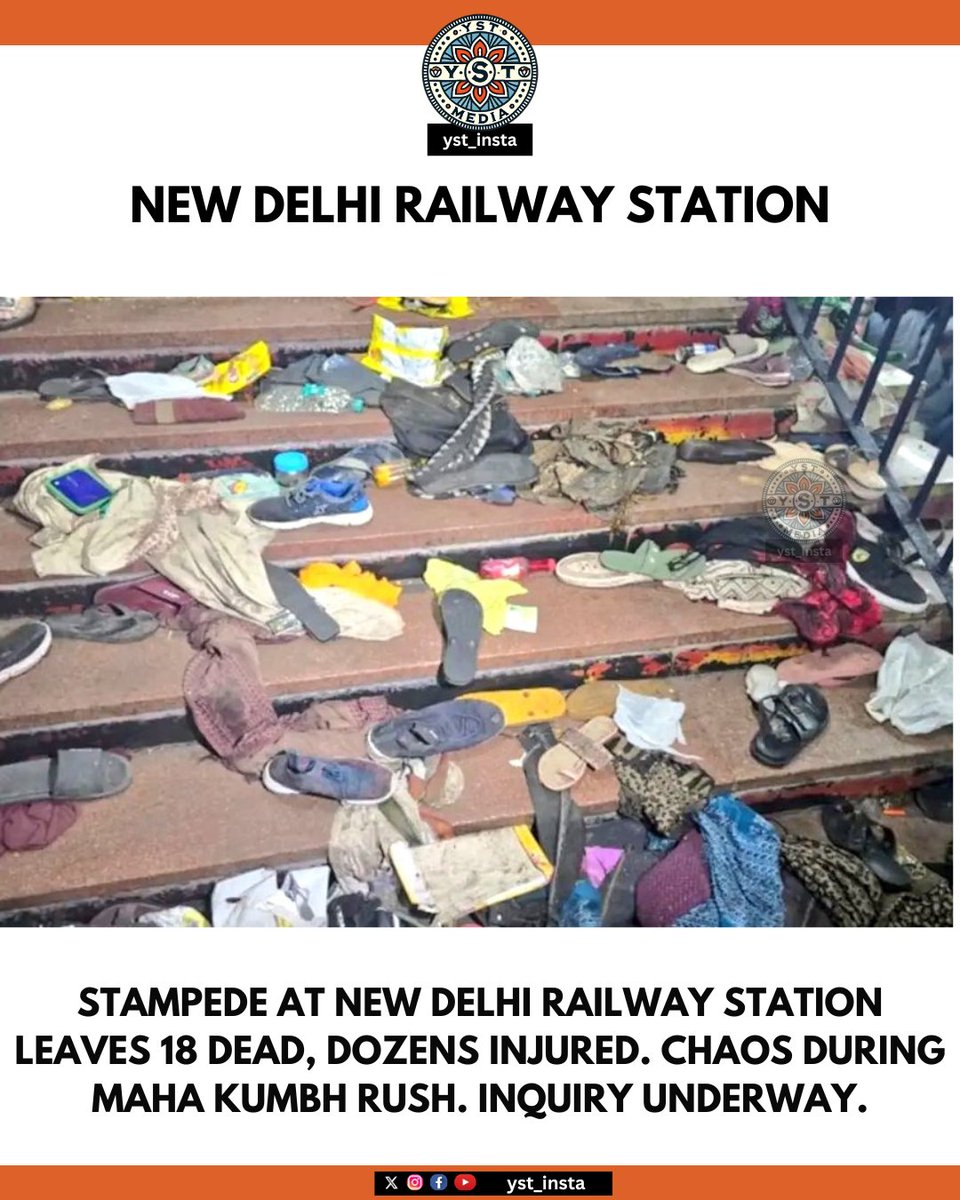 MemeUniverse_'s tweet photo. Heartbreaking incident at New Delhi Railway Station: 18 lives lost and many injured during a stampede amidst the Maha Kumbh rush.
 #BreakingNews #RailwayStation #Tragedy #IndiaNews #MahaKumbh #Prayagraj #TrainRush #NewsUpdate #Disaster #InstaNews #Condolences #StaySafe #Railway https://t.co/e0NP0rZaEV