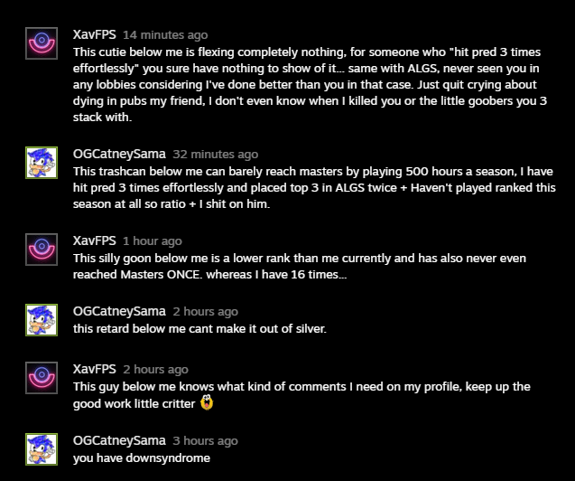 Xavster21's tweet photo. I guess I killed some random goober in an Apex Legends pub match and this guy starts commenting this stuff on my steam profile 💀💀 also later dmed me on steam

I can't with Apex pub 3 stackers bro, I looked his account up and he's even lying about pred and all that seemingly 😭 https://t.co/HRdfWAp7Rb