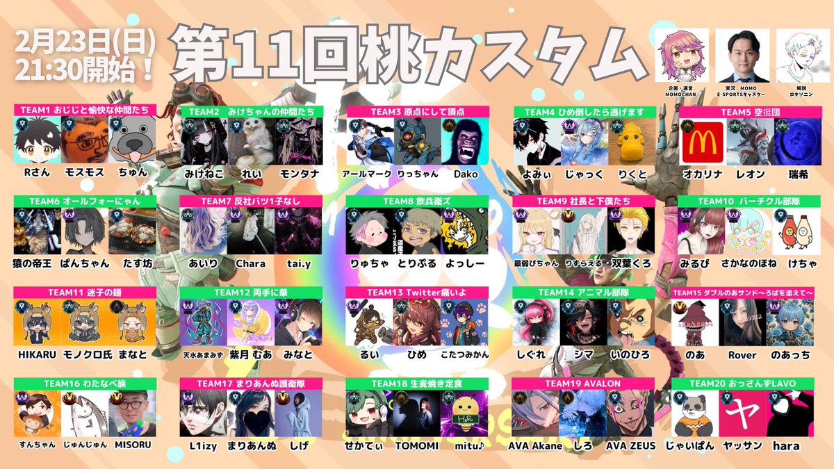 warrockmomo's tweet photo. いよいよ第11回桃カスタムまで1週間🔥
運営陣も毎回盛り上がっております✨

2月23日（日）21時30分スタート❗️
当日はtiktokとyoutubeで同時配信◎

本配信
https://t.co/OmIknyWTId

サブ
https://t.co/mQAB3jLUXc

実況　@Mox2caster 
解説　@rrokisoninA 
見届け人　@gamingojou 

#apex #カスタム https://t.co/dqerjNxkLd