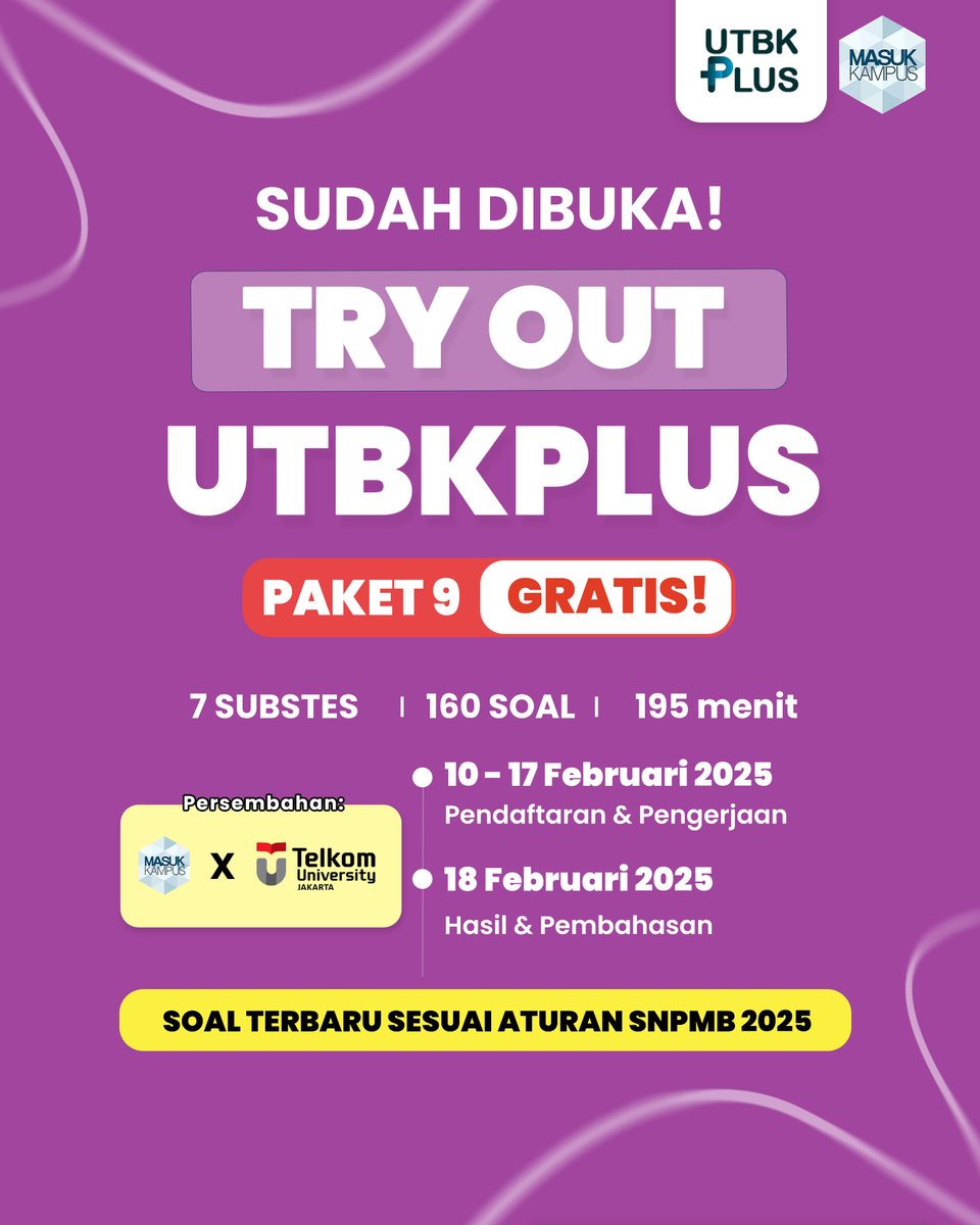 utbkplus's tweet photo. H-1 TRY OUT PAKET 9 CLOSED!
Hayooo siapa disini yaangg belum daftar dan ngerjain TO GRATIS nihhh!! Buruaann Gladsss waktunya terbatas bangeettt!!😋😋
#PTN #togratis #UTBK #SNBT #masukkampus https://t.co/RoDESAbUMz