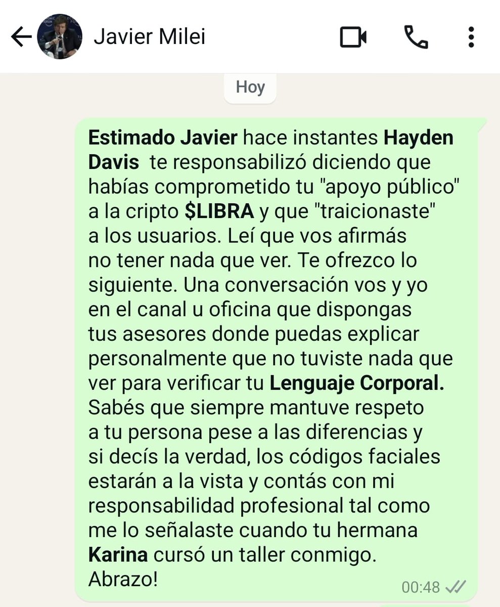 Mi mensaje por whatsapp hace instantes a <a href="/JMilei/">Javier Milei</a>