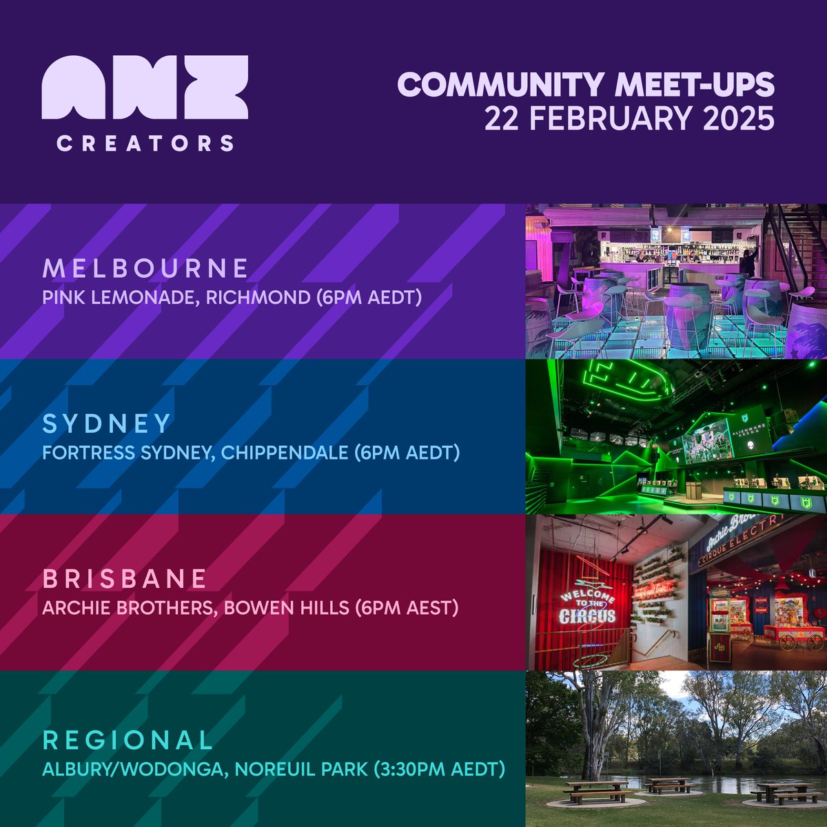 😄We're so excited for Saturday! Are you coming to one of our meet-ups in Melbourne, Sydney, Brisbane or Albury? Gaming creators (18+) of all sizes and platforms are welcome to attend 🤝. Share this with a creator you'd love to see there!! Rego links in replies⬇️ #ANZCreators