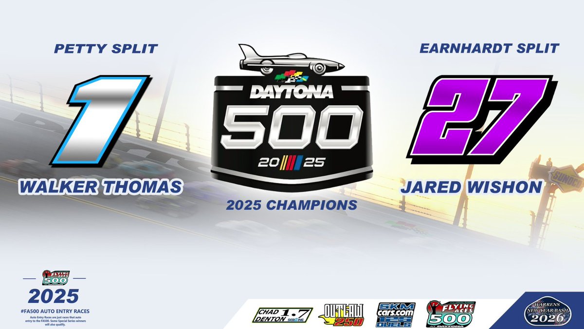 🏁Warren Keith's 2026 New Years Bash🏁

It's never too early to think about @ole4name's New Years Bash!

With his win in the Earnhardt split of the <a href="/DAYTONA/">Daytona International Speedway</a> 500, @jwishon22 secured his entry!

With his win in the Petty split of the <a href="/DAYTONA/">Daytona International Speedway</a> 500, <a href="/walkntalk1221/">Walker Thomas</a> secured his entry!