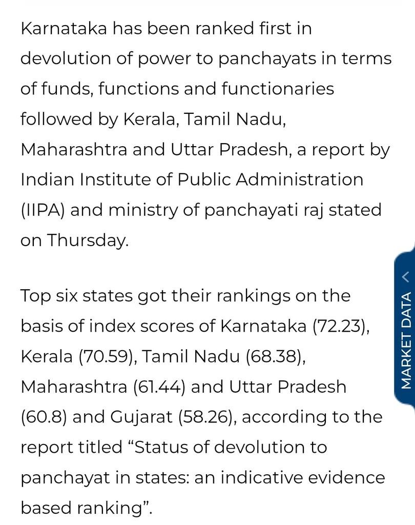 siddaramaiah's tweet photo. Karnataka No.1 in Panchayat Raj Devolution!

Proud to share that Karnataka has been ranked 1st in the devolution of power to Panchayats—leading the nation in financial autonomy & accountability, as per a study by the Indian Institute of Public Administration (IIPA) & the Ministry of Panchayati Raj.

✅ Top Rank in Devolution Index (72.23)

✅ Leader in Finances & Accountability

✅ Effective financial devolution & timely fund release

✅ Efficient use of 15th Finance Commission grants

✅ Strong Gram Sabhas & Social Audits

This achievement reflects our commitment to strengthening grassroots democracy. Our Rural Development & Panchayati Raj Department, under Minister Shri @PriyankKharge, has played a key role in ensuring Panchayats have the resources & autonomy to drive rural progress.

Decentralisation is not just a concept—it is a lived reality in Karnataka. A robust Panchayat system means stronger rural development, participatory democracy & inclusive growth.

#GuaranteeSarkara #KarnatakaModel