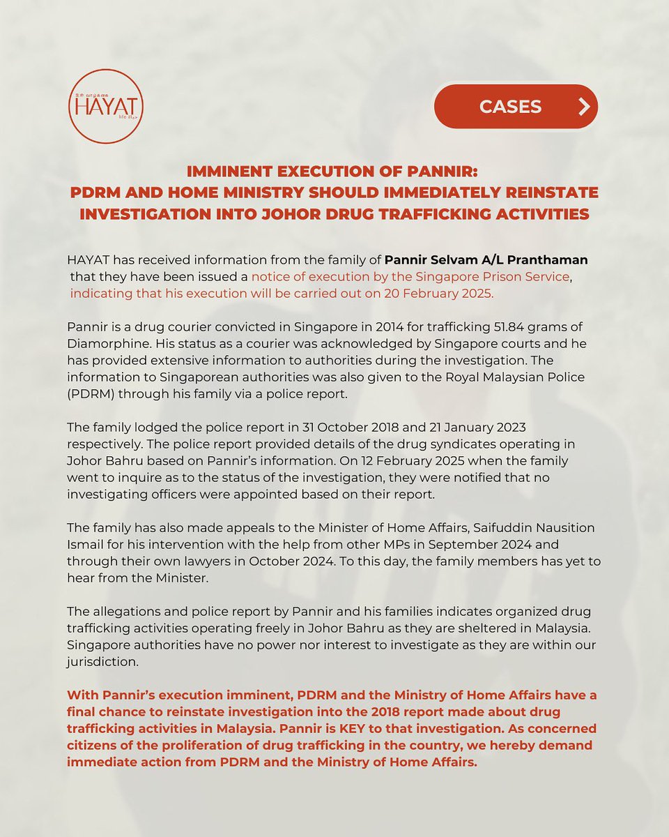 IMMINENT EXECUTION OF PANNIR SELVAM

<a href="/PDRMsia/">Polis Diraja M'sia</a> &amp; <a href="/KDNPUTRAJAYA/">KDN🇲🇾</a> have yet to investigate a #police report about #drugtrafficking in #johorbahru since 2018. Pannir, who now faces imminent #execution in #singapore, is CRITICAL to that investigation. 

Reinstate the investigation NOW.