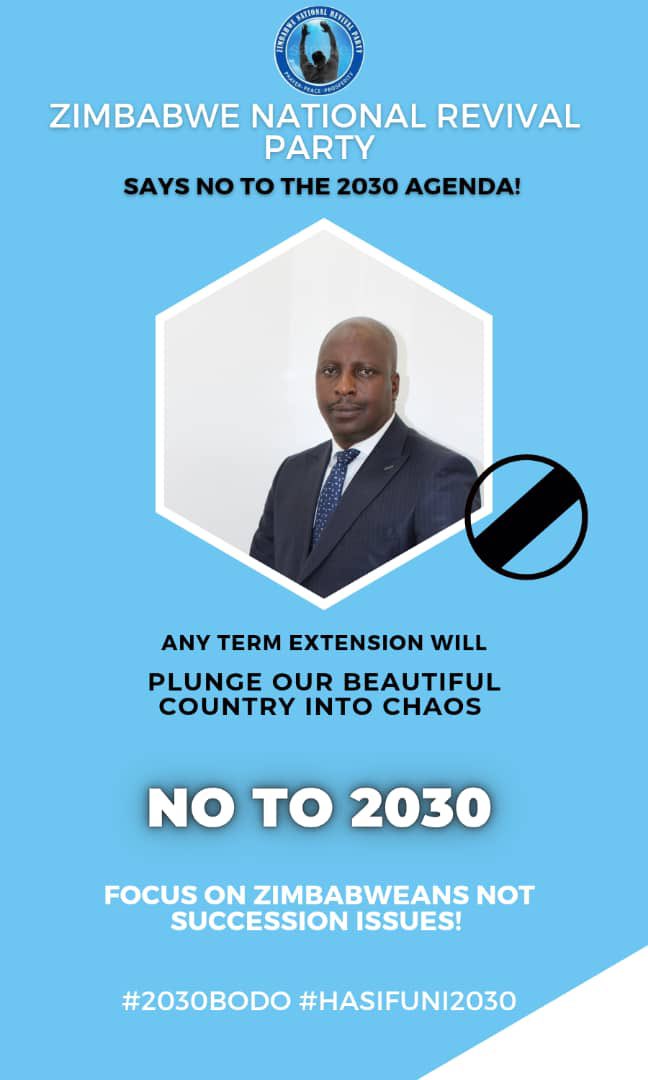 Zimbabwe National Revival Party

Condemns and Rejects the 2030 AGENDA, if term extension is perpetuated ignorantly.. there will be WAR and as for ED kindly resign immediately to save your reputation and your family. 
🇿🇼#MuzodziwaPachigaro