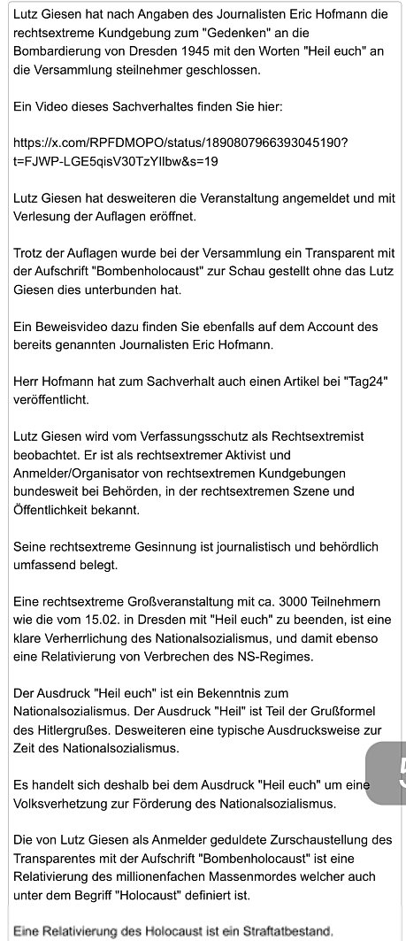 Anonymous00708's tweet image. ZACK‼️
Strafanzeige gegen den Rechtsextremisten Lutz Giesen⬇️
de.m.wikipedia.org/wiki/Lutz_Gies…
Anmelder des Neonazi-Aufmarsch mit 3000 Teilnehmern am 15.02. in #Dresden #dd1502 
Bei der Demo wurde ein Transparent mit &quot;Bombenholocaust&quot; gezeigt
Giesen beendete die die Demo mit &quot;Heil euch&quot;
