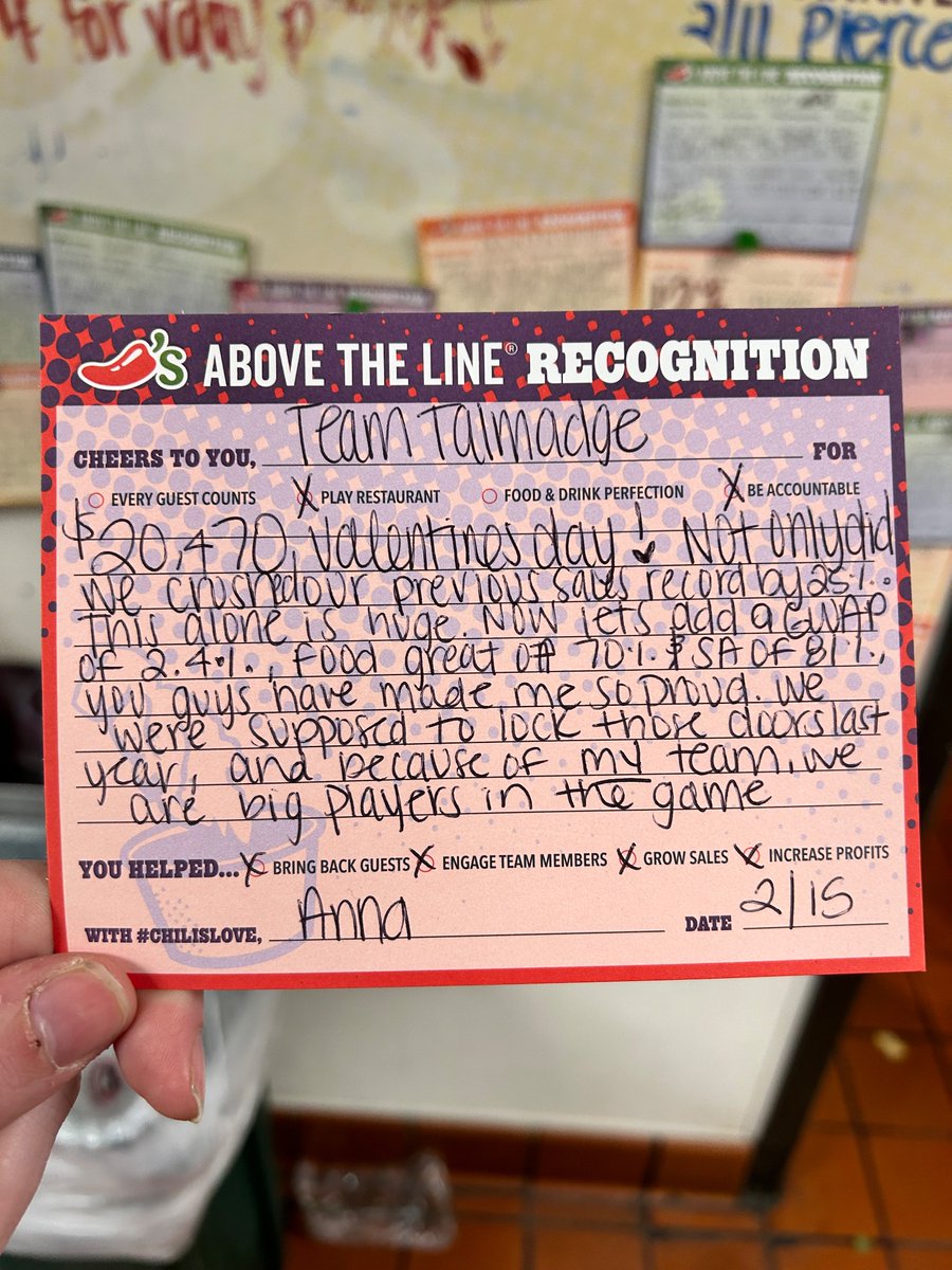 So proud of my team for crushing Valentine’s Day! Amazing Guest metrics, beat our previous sales record by 25%, and showing up and showing out ❤️🎉 #chilislove